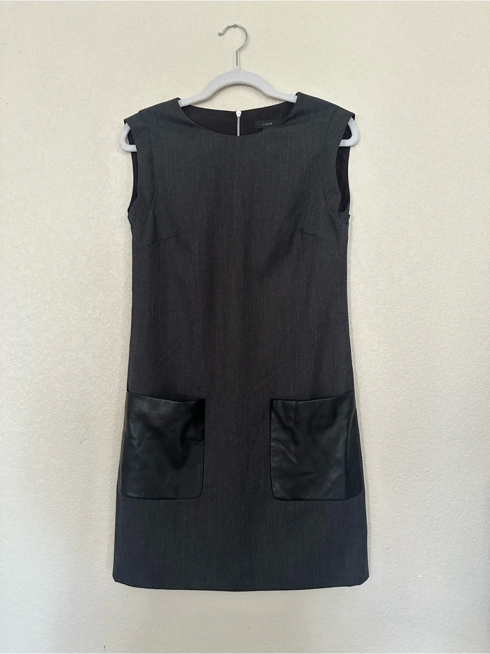 J.Crew Faux Leather Pocket Shift Dress Sleeveless Charcoal/Black Size 0 EUC